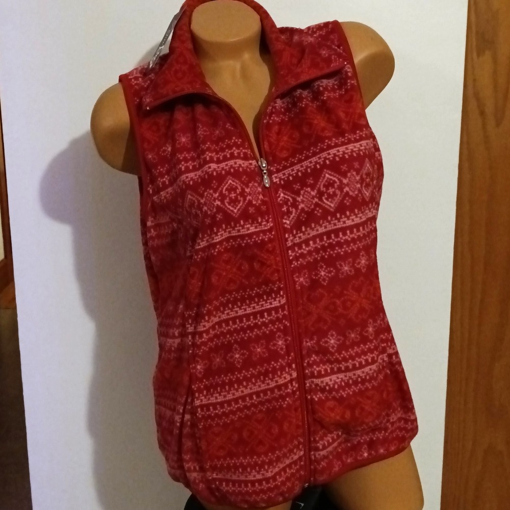 Women's‎ Cozy Deep Pink-Red Fleece Zip Up Print Vest by Lena - NWT - Medium